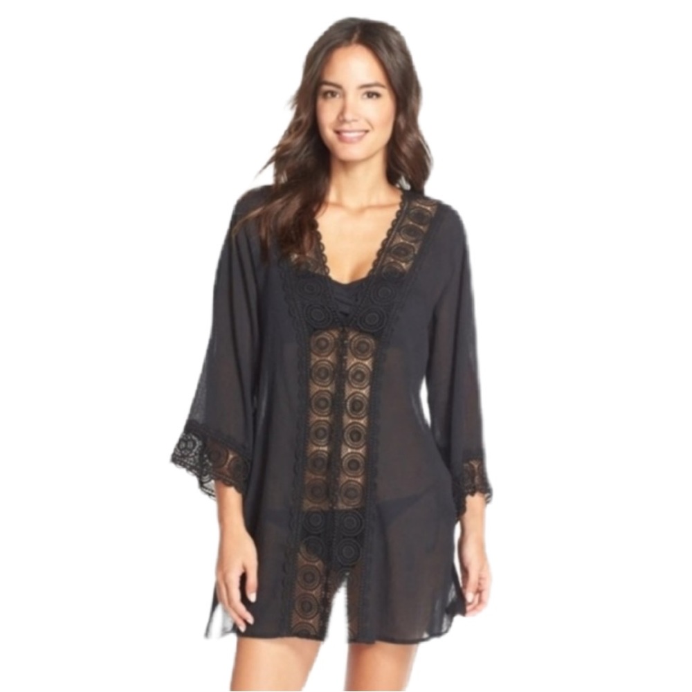 LA BLANCA • Black Crochet Trim Swimsuit Coverup Tunic Dress • XS